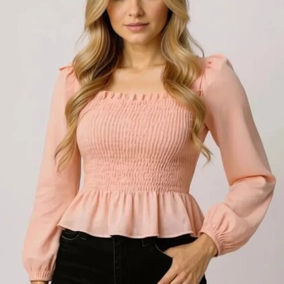 Boohoo Tops - Boohoo Smocked Peasant Top Rose Quartz Size 4 NWT